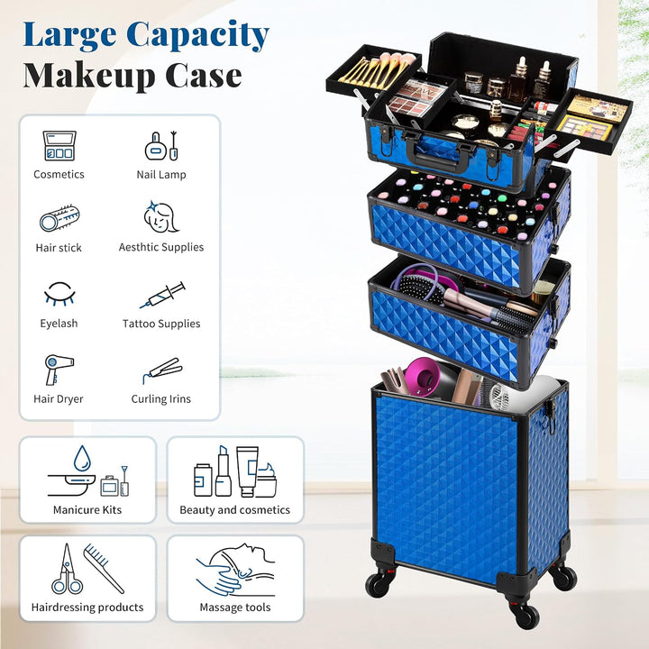 Arous 4-in-1 Professioneller Make-up-Zugkoffer, multifunktionaler Kosmetikwagen mit 360° drehbaren R