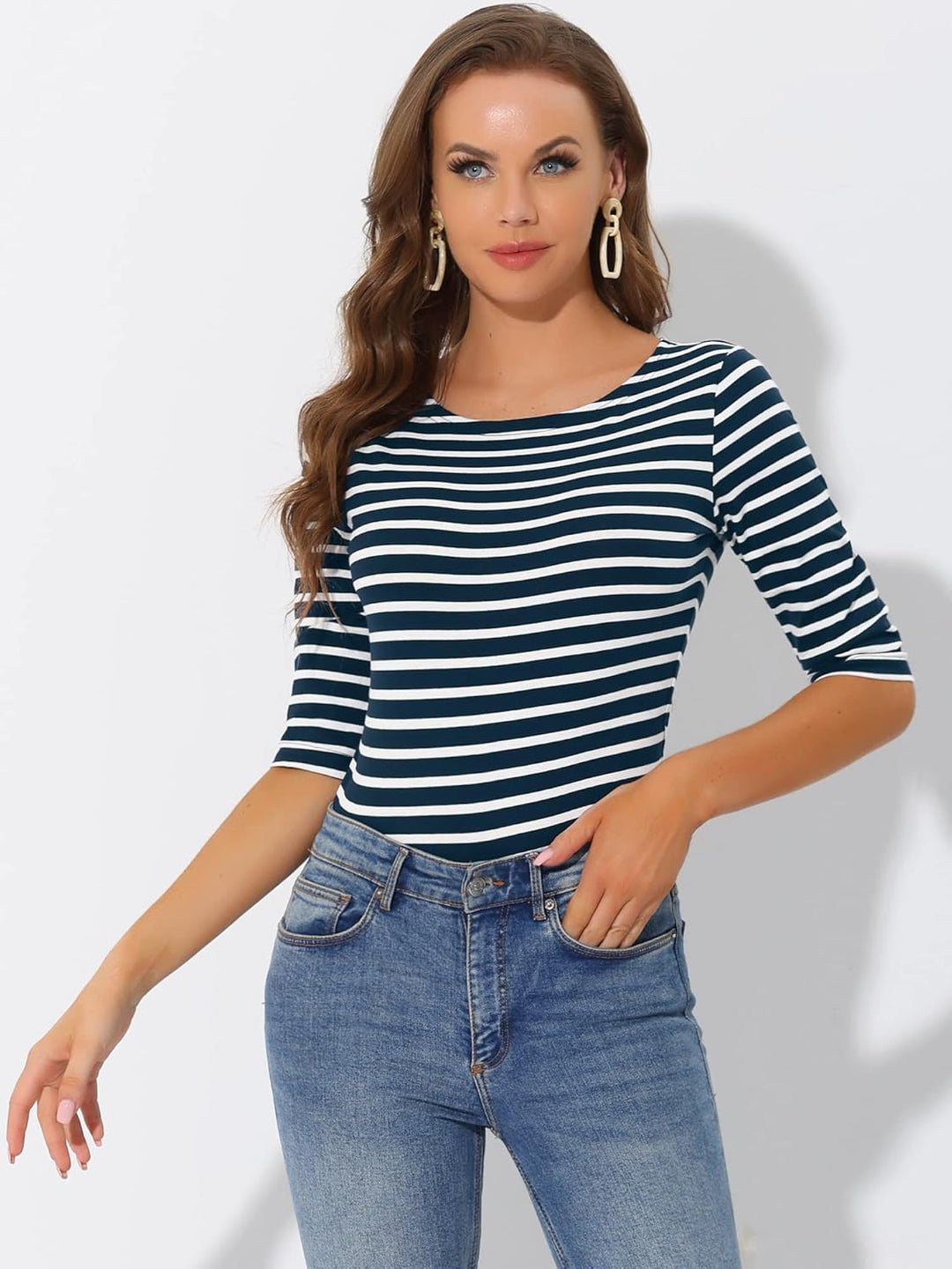 Allegra K Damen Gestreiftes Shirt U Boot Ausschnitt Halbarm Party Ferien Streifen Top Bluse S Dunkel