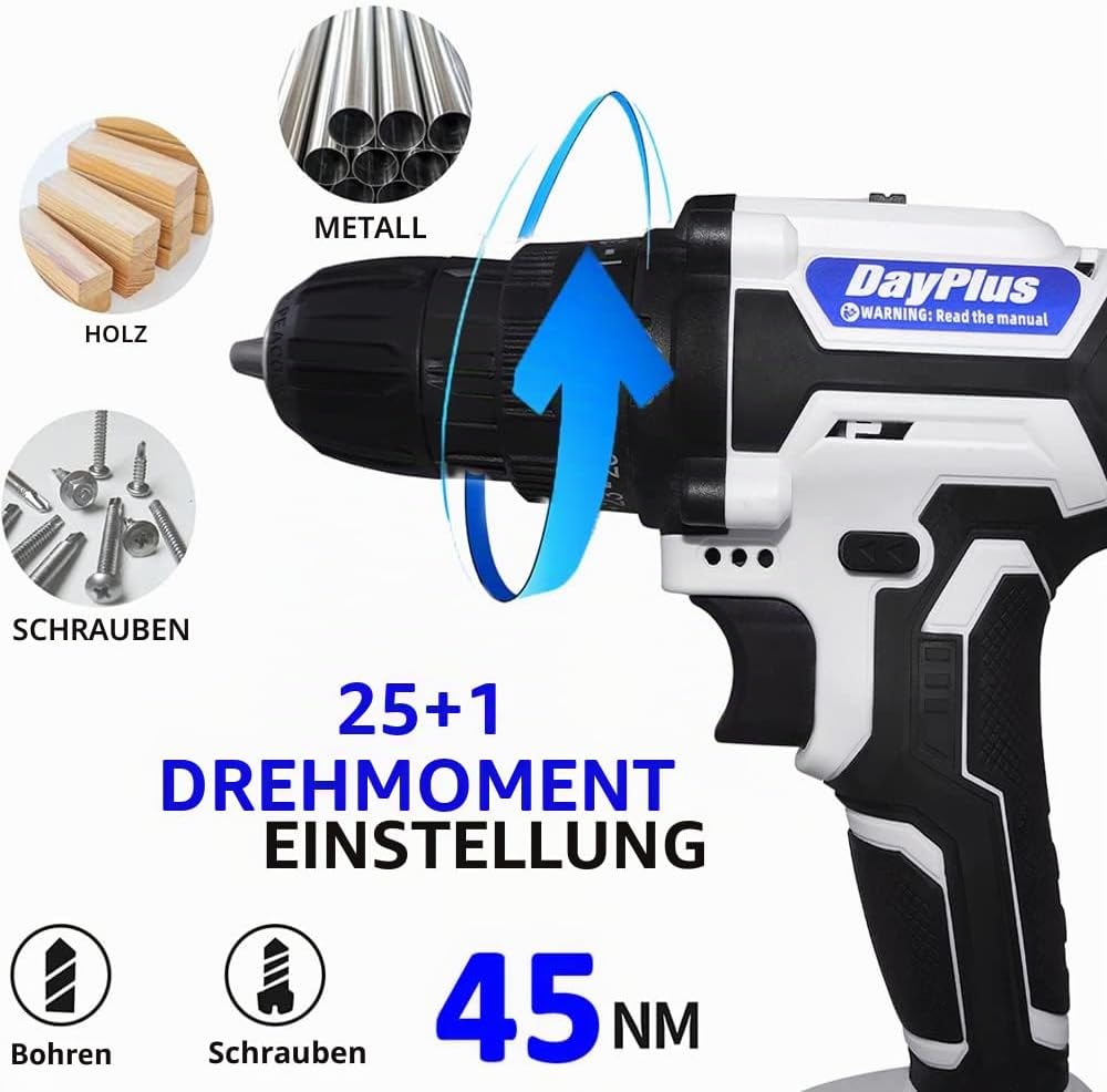 Akkuschrauber 21V Akku Bohrmaschine, 45Nm Akku-Bohrschrauber Set für DIY Projekt, 25+1 Drehmomentstu