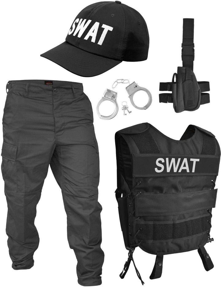 normani Fashingskostümset SWAT Set mit Weste, Rangerhose, Cap, Handschellen und Holster Schwarz XL/L
