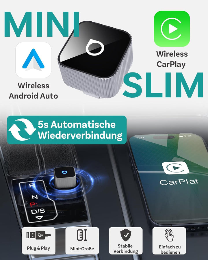 OTTOCAST MINI 3.0 Slim 2026 Upgrade Wireless CarPlay & Android Auto Adapter, 2-in-1 Dongle, Wandelt