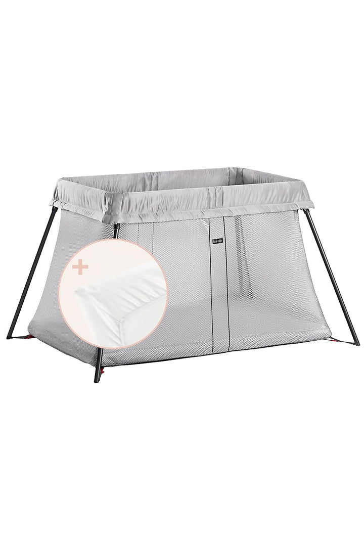 BabyBjörn Reisebett Light mit Spannbetttuch für Reisebett Light, Silber Silber Einfarbig, Silber Ein