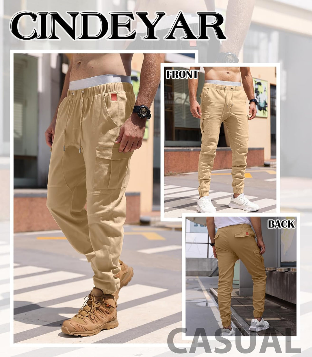 Cindeyar Herren Hosen Slim Fit Casual Jogger Sporthose Freizeithose Cargo Chino Jeans Hose M Khaki 0