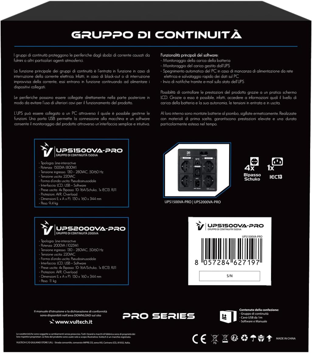 VulTech UPS1500VA-PRO Line Interactive Kontinuitätsgruppe mit LCD, Schwarz [Italien] Pro-Serie 1500