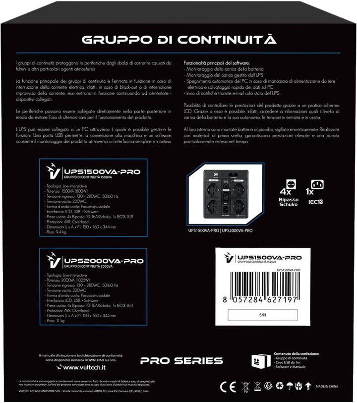VulTech UPS1500VA-PRO Line Interactive Kontinuitätsgruppe mit LCD, Schwarz [Italien] Pro-Serie 1500