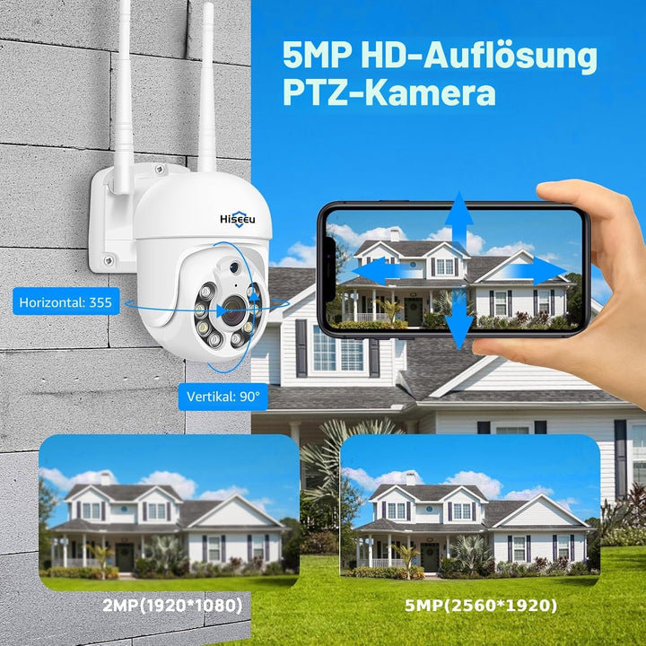 【5MP+PTZ】 Hiseeu Überwachungskamera Set Aussen WLAN mit 12''Monitor 10CH Wireless NVR,4 Pcs 5MP PTZ