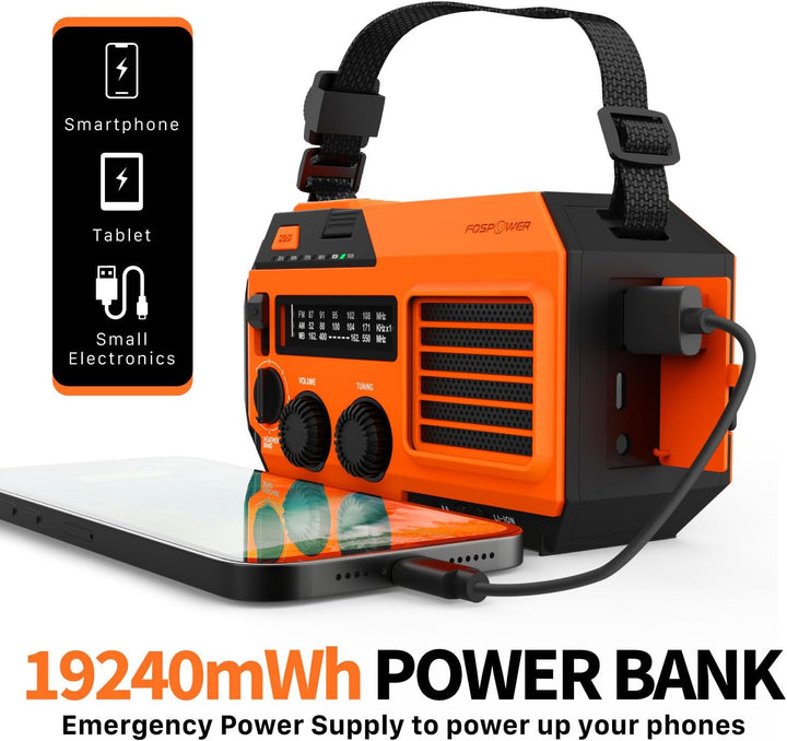 FosPower - Notfallradio NOAA/AM/FM mit 19240mWh (5200mAh) Tragbare Powerbank - Aufladung per USB/Sol