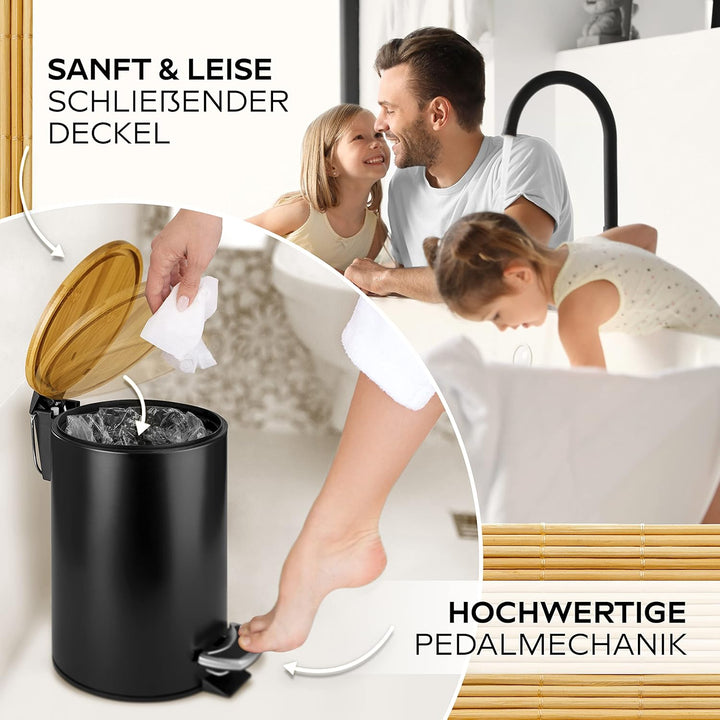 Kosmetikeimer aus Edelstahl mit Bambusdeckel (5 Liter, schwarz) - Badezimmer Abfalleimer mit Absenka
