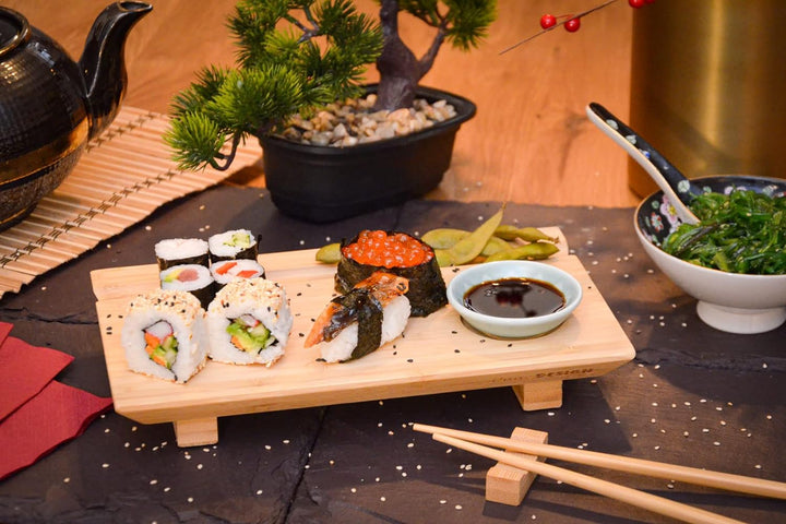 DuneDesign Sushi Geschirr Set 2 Personen - 27x16x4 Sushi Brett Bambus Bank Geschirr Komplettset Sush