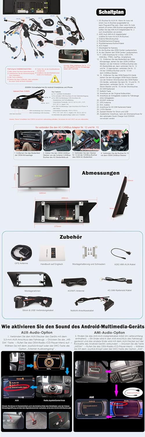 Erisin 12.3 Zoll Android 12 Autoradio mit GPS Navigation für Audi A4/A5/B8/S4/S5 2009-2016 Unterstüt