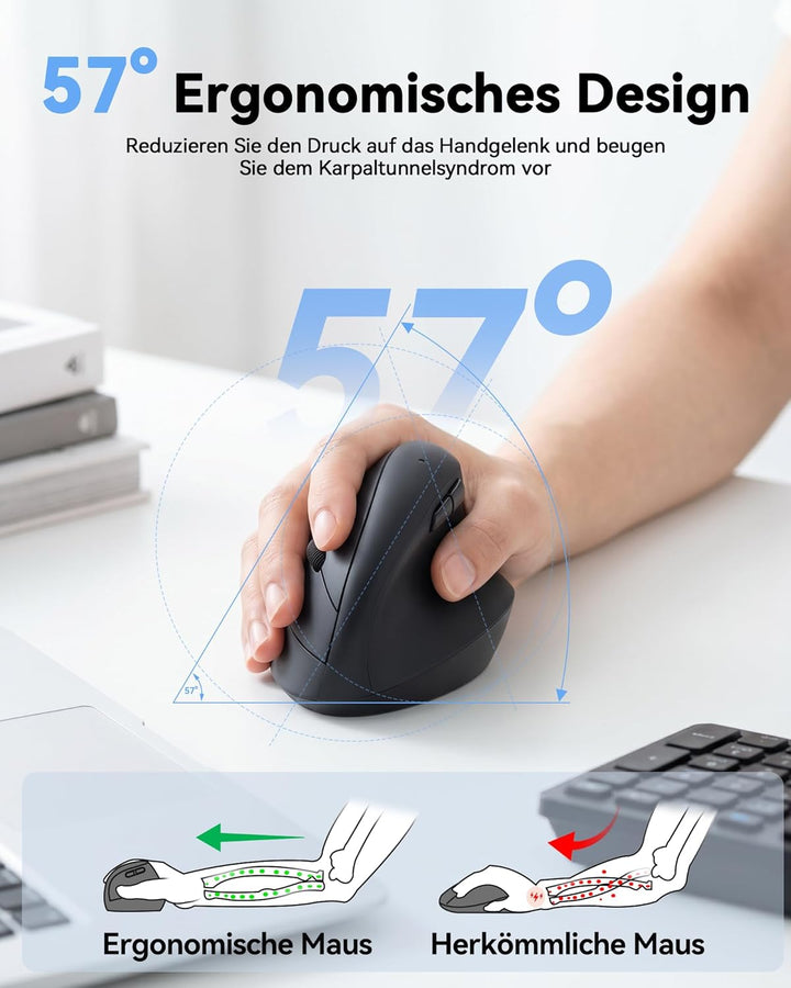 TECKNET Ergonomische Maus, 2.4G Vertikale Optische Funkmaus mit USB Empfänger, 4800 DPI Sensor, Leis