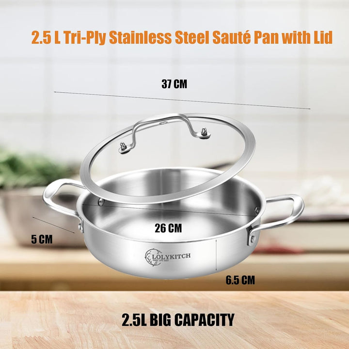 LOLYKITCH Schmorpfanne 26 cm Hoher Rand, Schmortopf mit Deckel 2.5 L, Edelstahl Unbeschichtet, Pfann