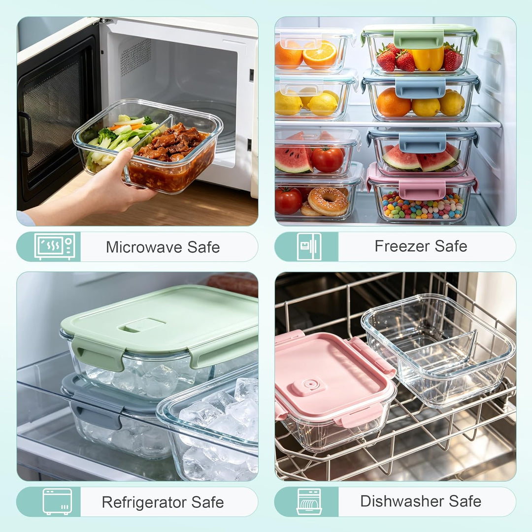 Zocipro 5 Stück Meal Prep Boxen Glas 1040ml mit 2 Fächern | Glasbehälter mit Deckel, Frischhaltedose