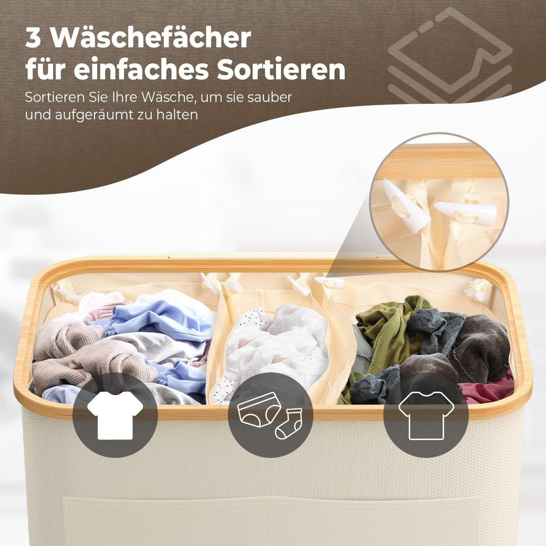 OUSFOT Wäschekorb mit Deckel 3 Fächer 158L Wäschesammler faltbar aus 600D Oxford-Gewebe mit Abnehmba
