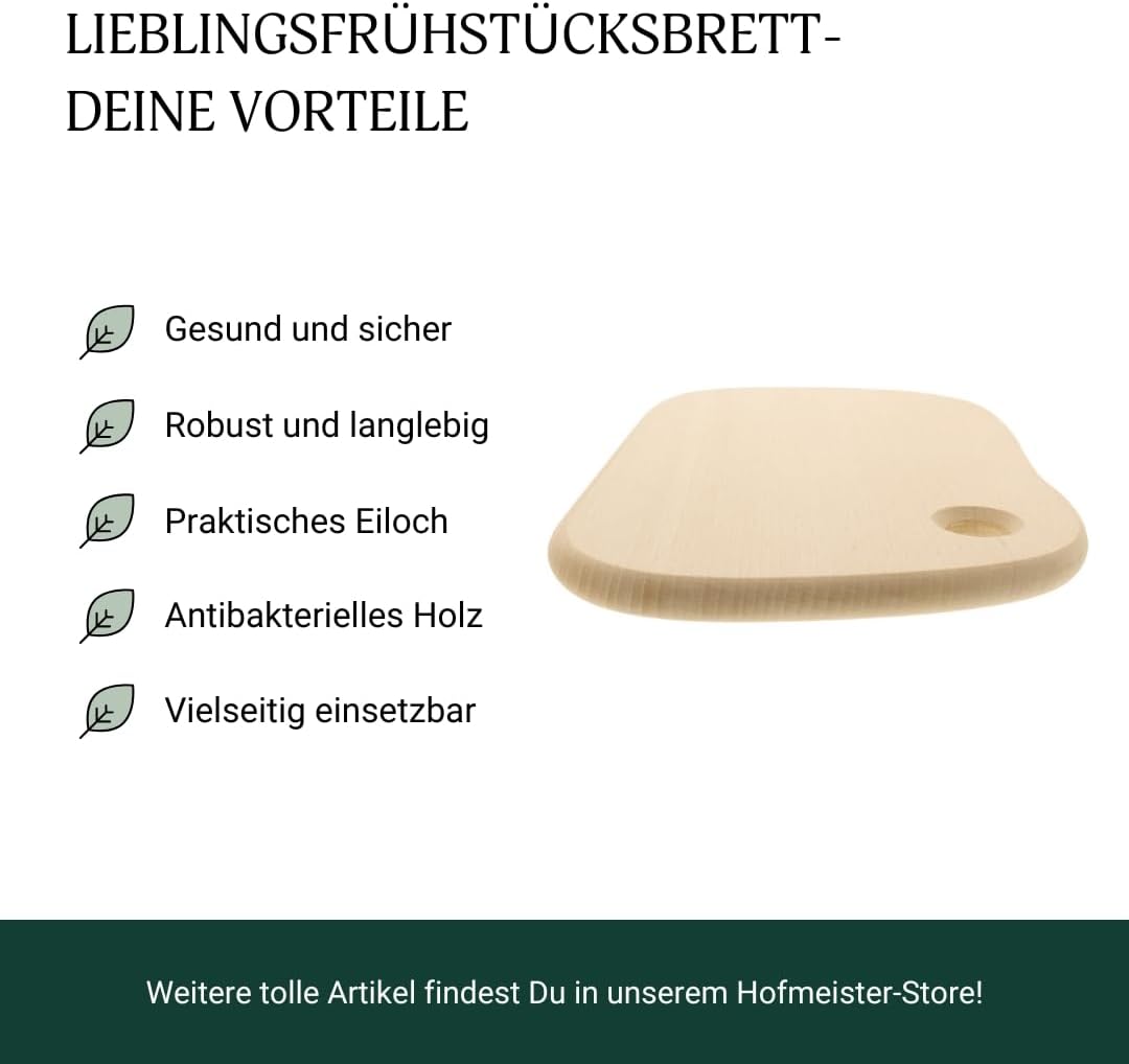 HOFMEISTER® Frühstücksbrett Kernbuche mit Eiloch - Einfarbiges Holzbrett für Frühstück, Brot & Snack
