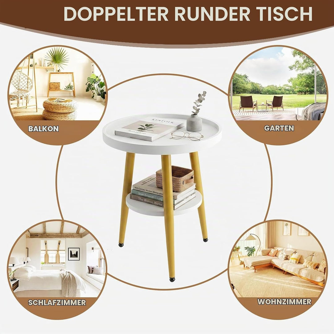 Beistelltisch Rund Holz | Runder Beistelltische Wohnzimmer | Couchtisch Klein mit Unterem Ablage | S