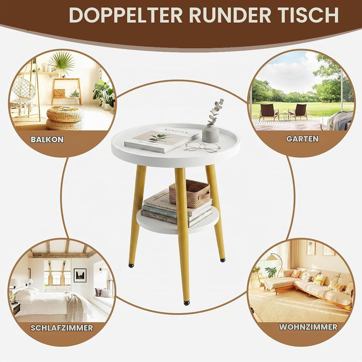 Beistelltisch Rund Holz | Runder Beistelltische Wohnzimmer | Couchtisch Klein mit Unterem Ablage | S