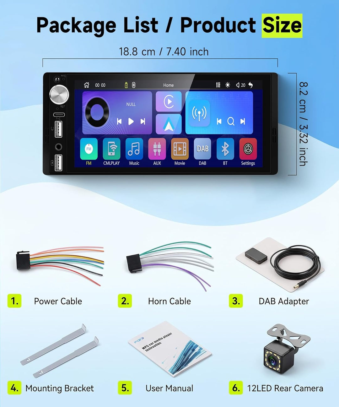Rimoody DAB+/DAB Autoradio 1 Din mit Wireless Carplay Android Auto Bluetooth 5.2, 6.9 Zoll Touchscre