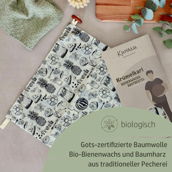 Kumanu | Bio Bienenwachstuch - Brotbeutel KRÜMELKARL 35x29cm | handgemacht in Tirol | mit Standboden