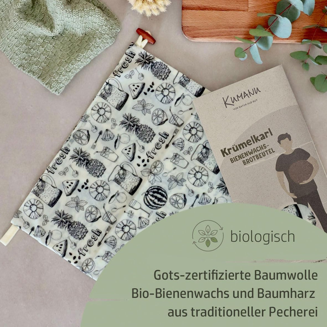 Kumanu |Bio-Bienenwachstuch - Brotbeutel KRÜMELKARL | H 35cm x B 29cm | mit Standboden und Verschlus