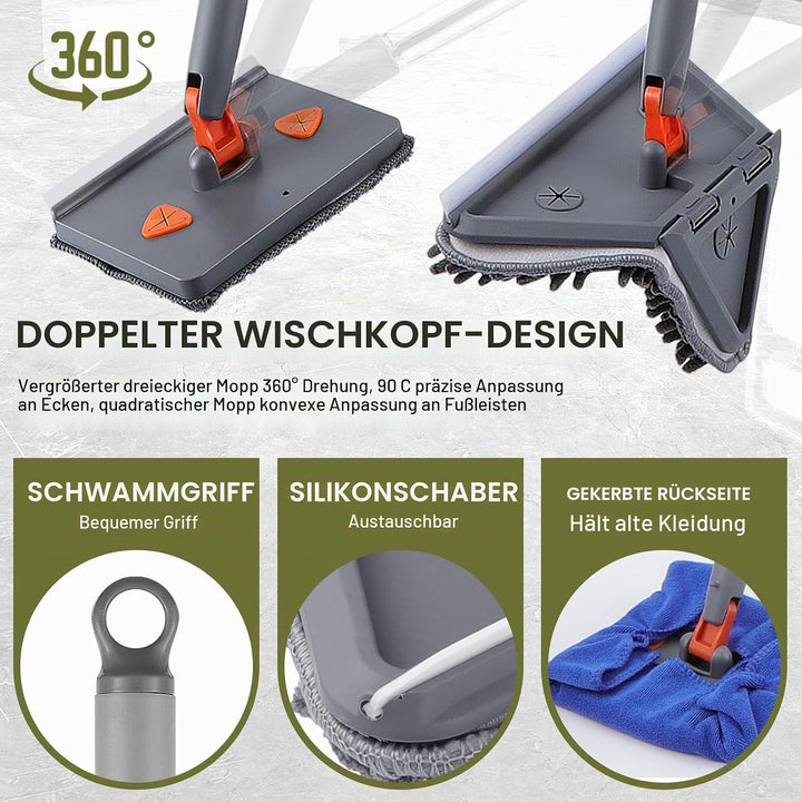 Wandreinigungsmopp, Verstellbarer Reinigungsmopp mit Langem Griff 200cm, Dreieckiger Reinigungsmopp