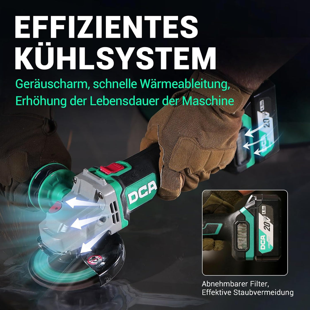 Akku-Winkelschleifer 125mm 20V, DCA 630W Bürstenloser Motor Akku Flex Trennschleifer, Anti-Vibration