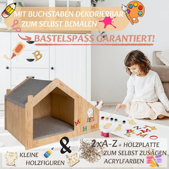 growpile Katzen- und Hundehäusschen aus hochwertigem Kiefernholz mit 2 Trinkschalen aus Edelstahl, z