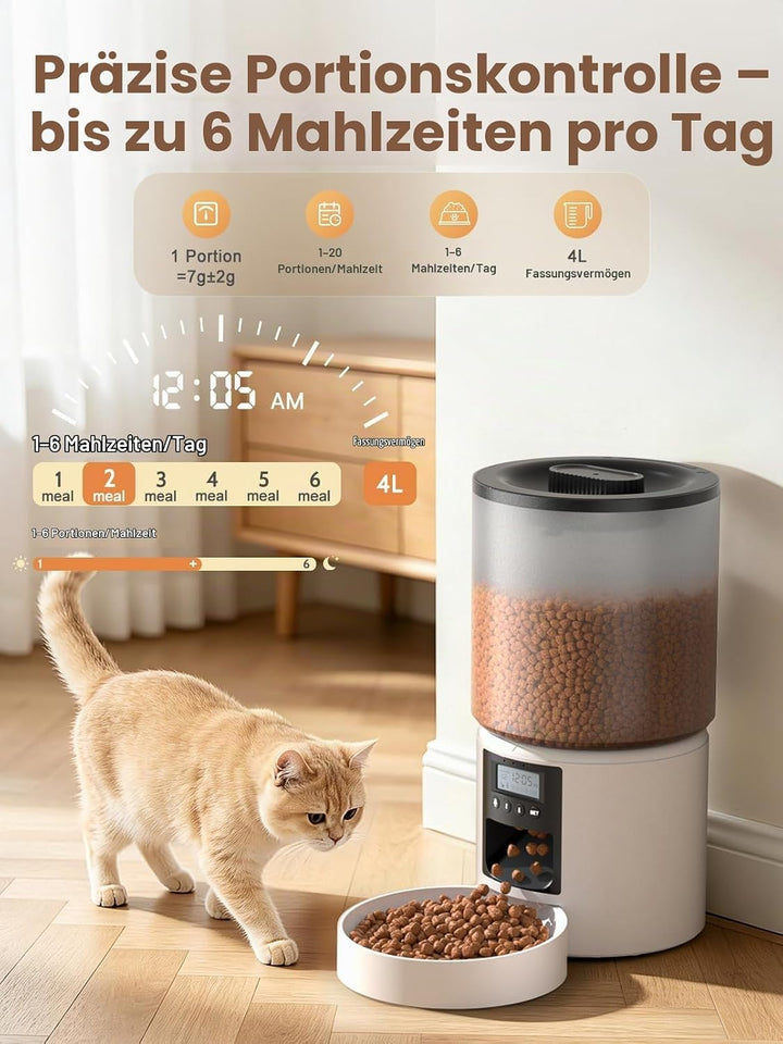 Futterautomat Katze 4L mit Timer, Katzenfutter Automat programmierbar 1–6 Fütterungen Portionskontro