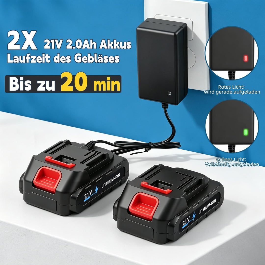 Akku-Laubbläser für Makita Akkus,Akku-Gebläse mit 2x2,0Ah Akkus &amp; Ladegerät | Luftgeschwindigkeit 21