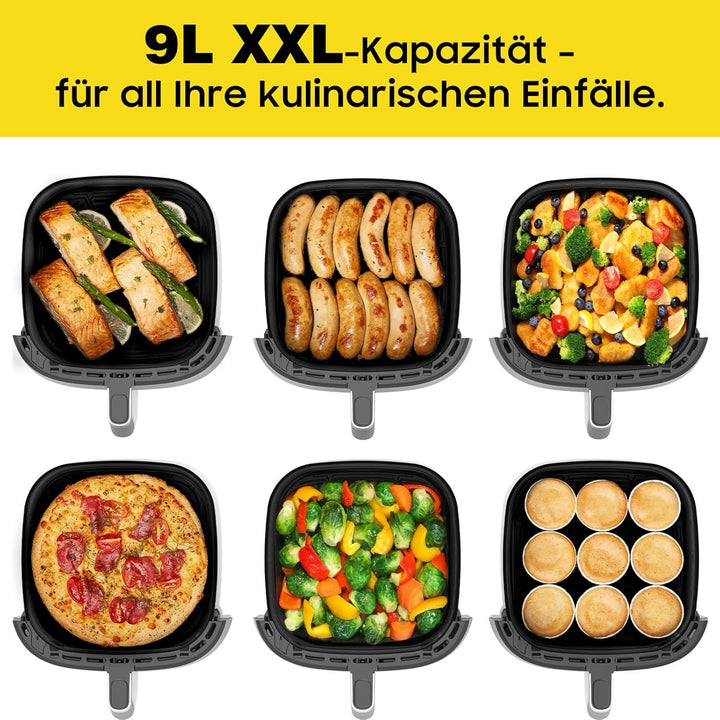 Dewelling Heissluftfritteuse XXL 9L - 2350W Airfryer für Schnellgar, 9 Programmen, LED Display & War