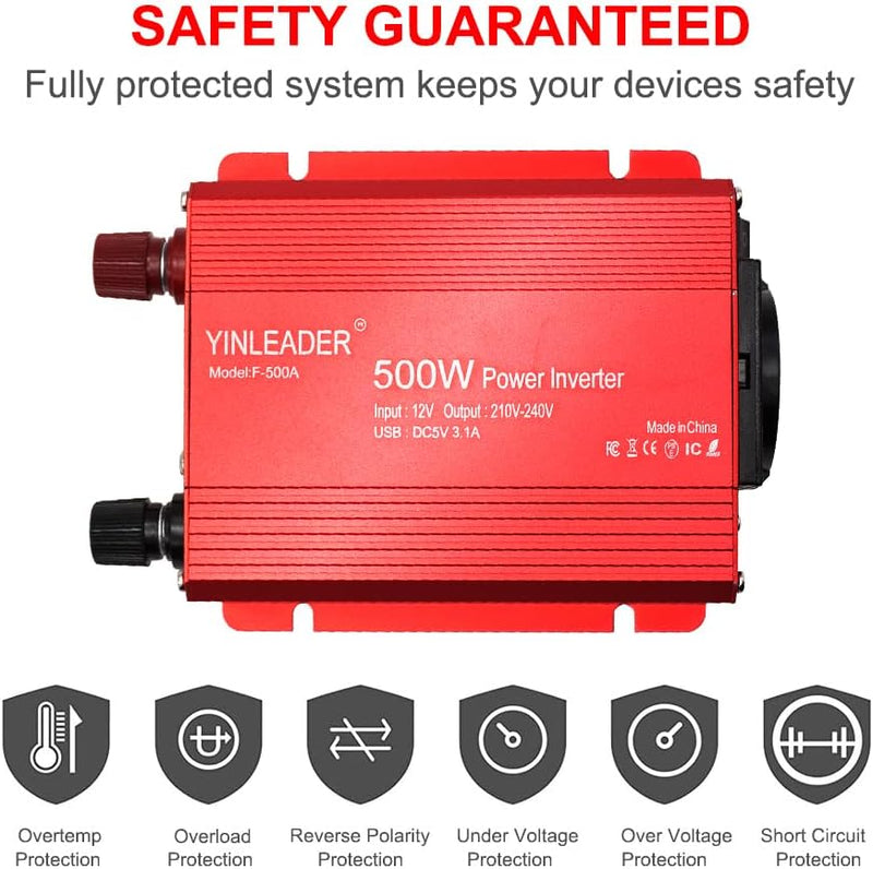 Yinleader Wechselrichter 12V zu 230V 500W KFZ Spannungswandler mit LED Display 2 USB Anschlüsse inkl