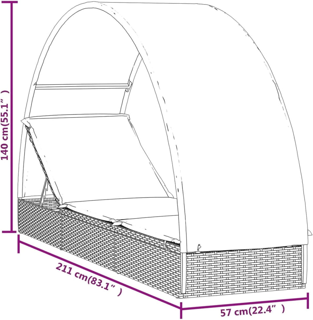 Yolola Sonnenliege mit Dach, Gartenliege mit Runddach, Poly Rattan, bis 150 kg belastbar, Rückenlehn