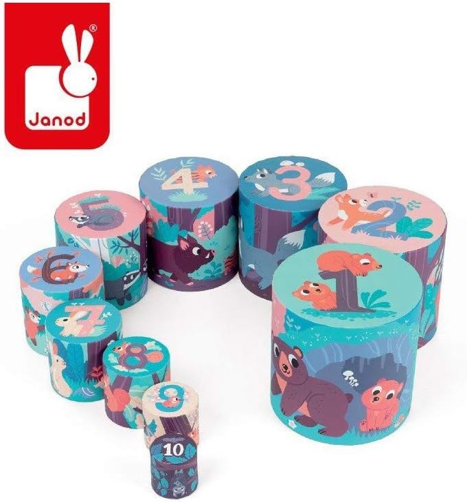 Janod - Runde Pyramide Tiere des Waldes - Baby- und Kleinkindspielzeug - Spielzeug zum Stapeln und S