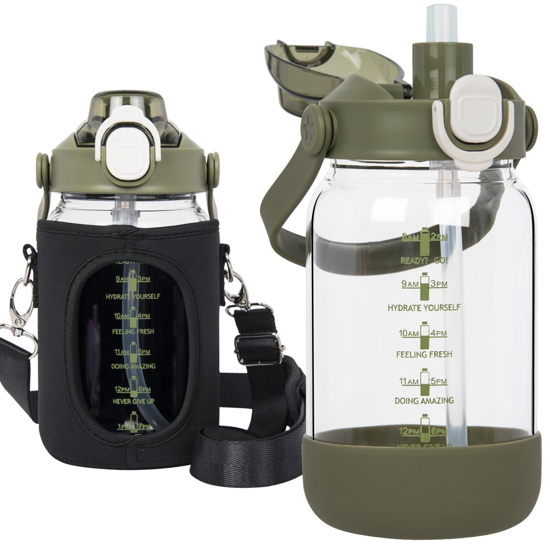 Seekua 1l Trinkflasche Glas Flasche mit Strohhalm &amp; Zeitmarkierung, 1 liter Wasserflasche mit Frücht