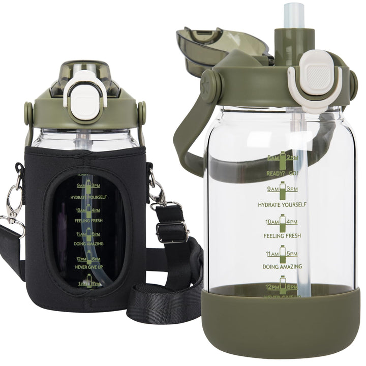 Seekua 1l Trinkflasche Glas Flasche mit Strohhalm &amp; Zeitmarkierung, 1 liter Wasserflasche mit Frücht