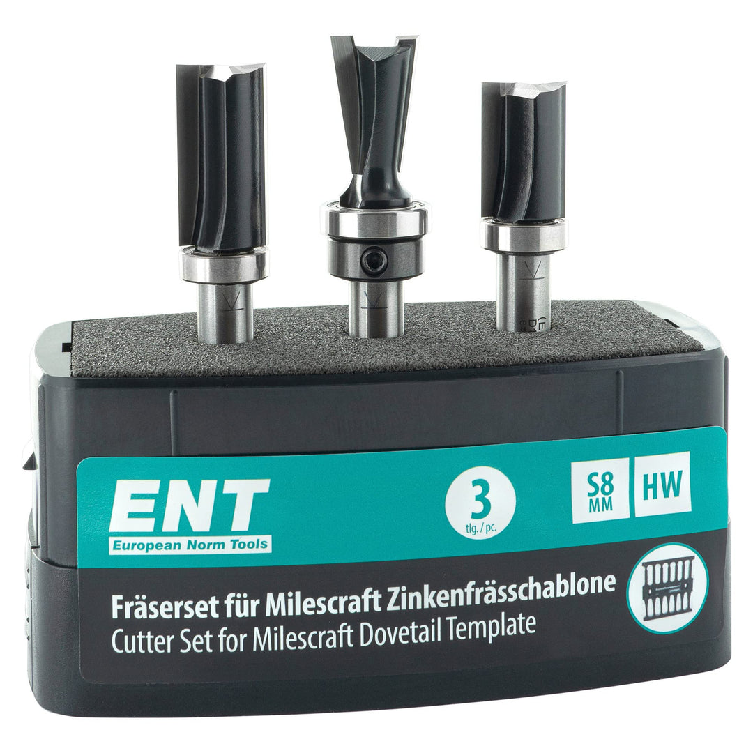 ENT 09049 3-tlg. Fräser-Set für die Milescraft-Frässchablone, für hochwertige Zinkenverbindungen, in