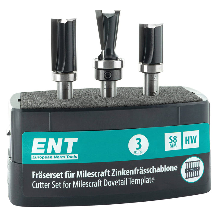 ENT 09049 3-tlg. Fräser-Set für die Milescraft-Frässchablone, für hochwertige Zinkenverbindungen, in