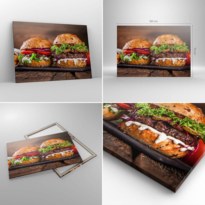 Bilder auf Leinwand 100x70cm Leinwandbild Amerikaner Hamburger Essen Barbecue Gross Wanddeko Bild Sc