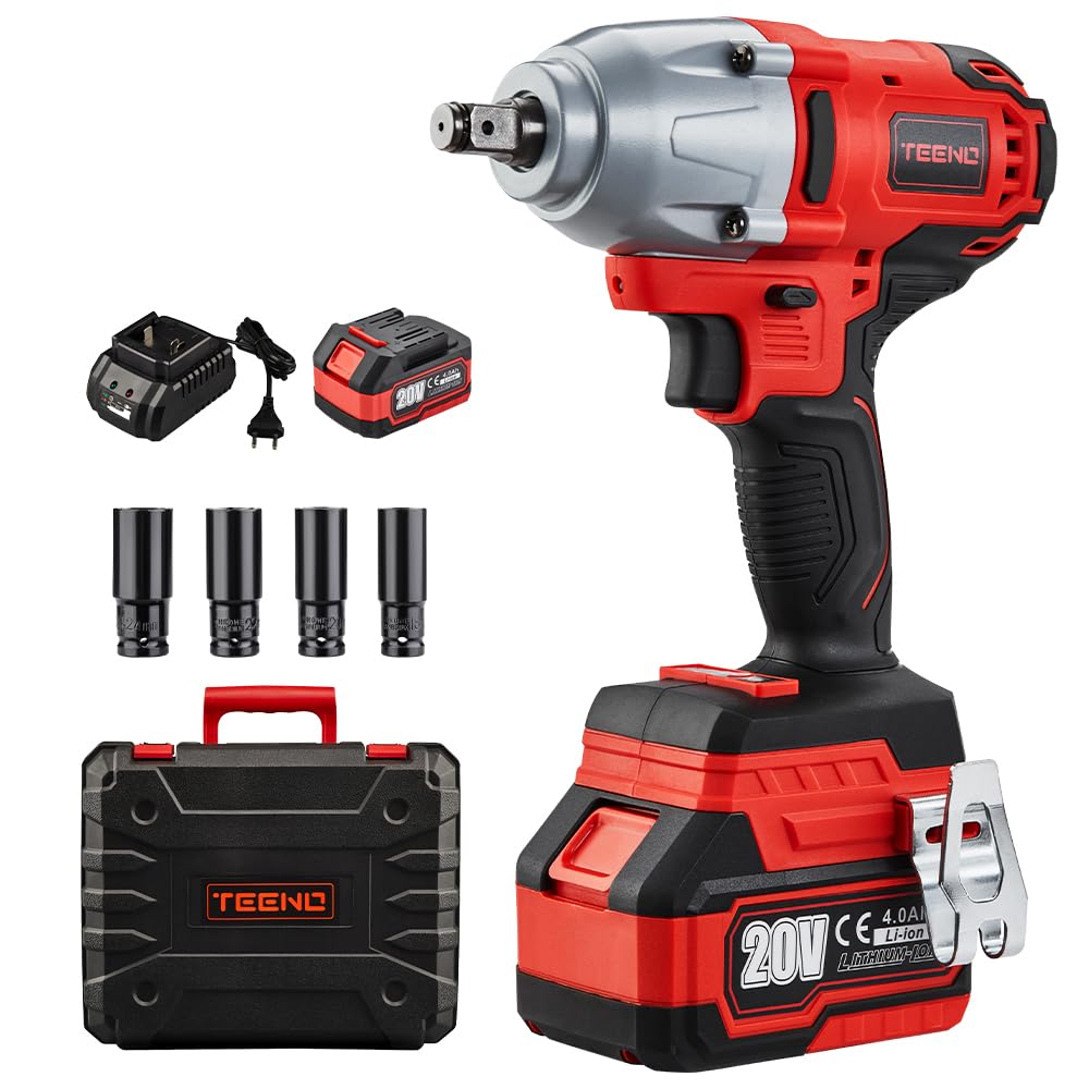 TEENO Bürstenloser Akku Schlagschrauber 1/2 Zoll 20 V,Lithium-Ionen Akkus 4,0 Ah, 4 Steckschlüsselei