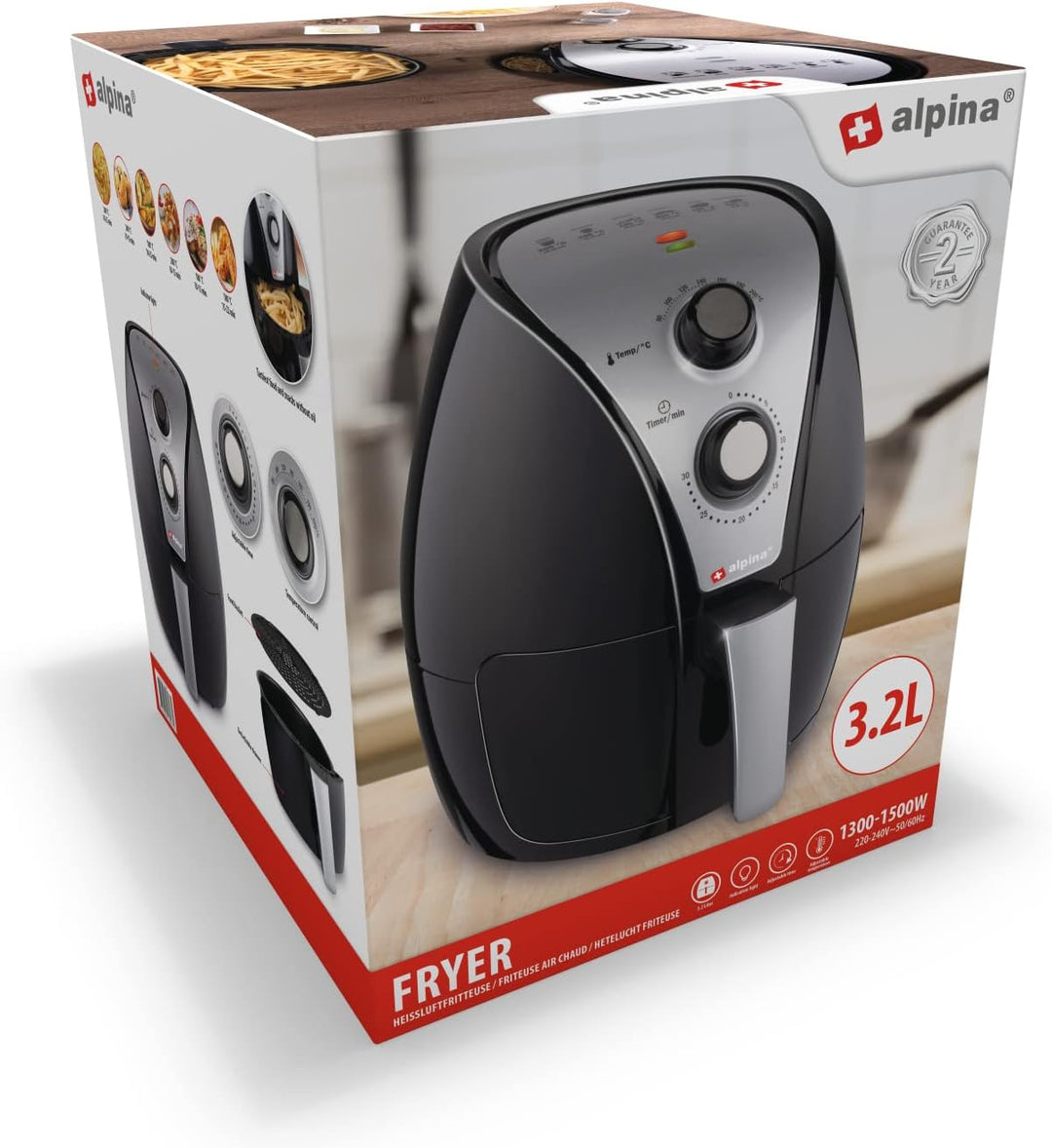 alpina Heissluftfritteuse - Airfryer - XL 3,2 Liter - 80-200 Grad - 1500 Watt - Schwarz 3,2 LITER AI