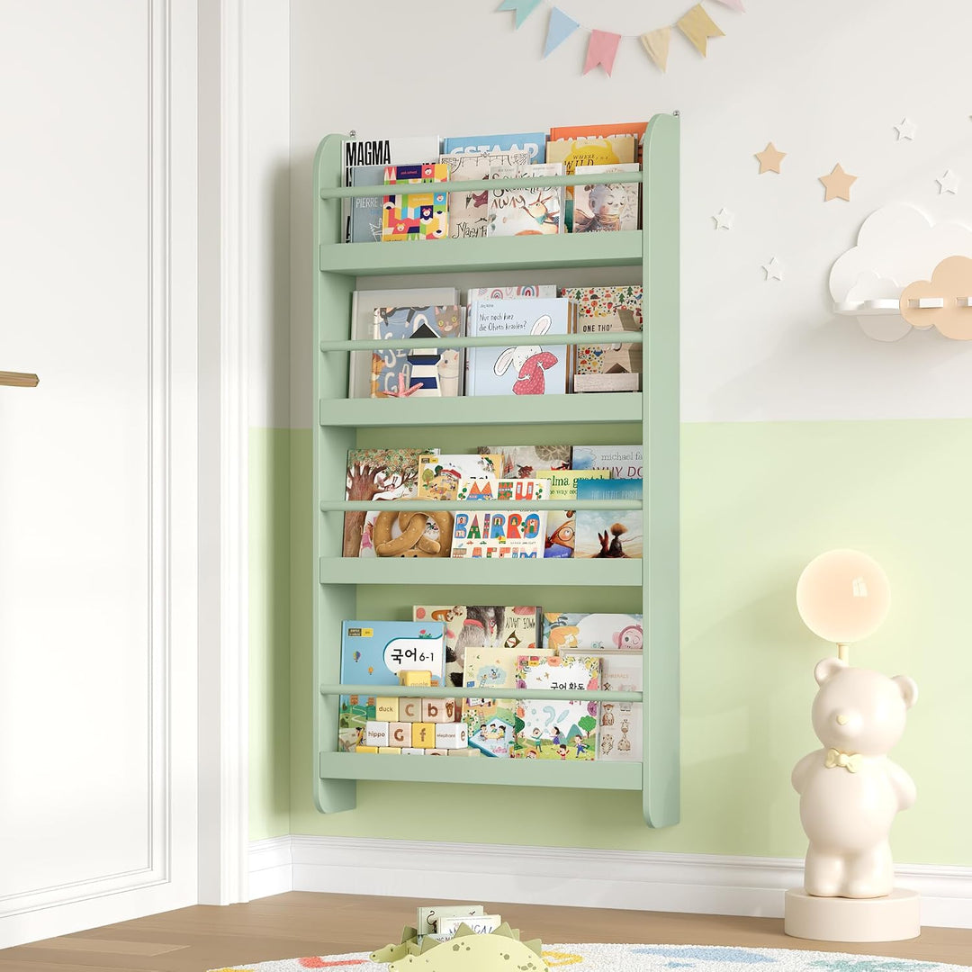 FOREHILL Bücherregal Kinder, Wandregal mit 4 Ablagen, Kinderregal für Bücher Spielzeug, Hängeregal D