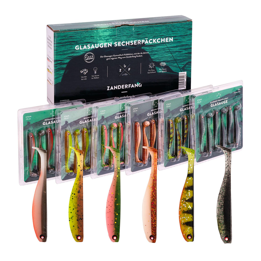 Zanderfang - Gummifische Set - Glasaugen Gummiköder für Zander, Barsch, Hecht - mit Fischaroma aroma