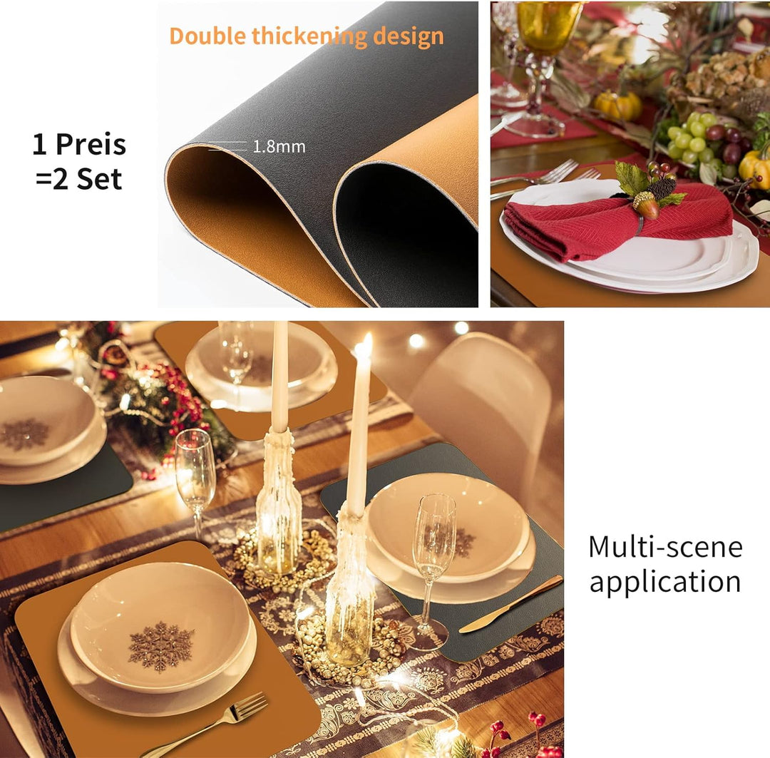 Tischsets Abwaschbar,6er Set Zweifarbig Platzset mit Untersetzer,Abwischbar Platzsets,Tischset Leder