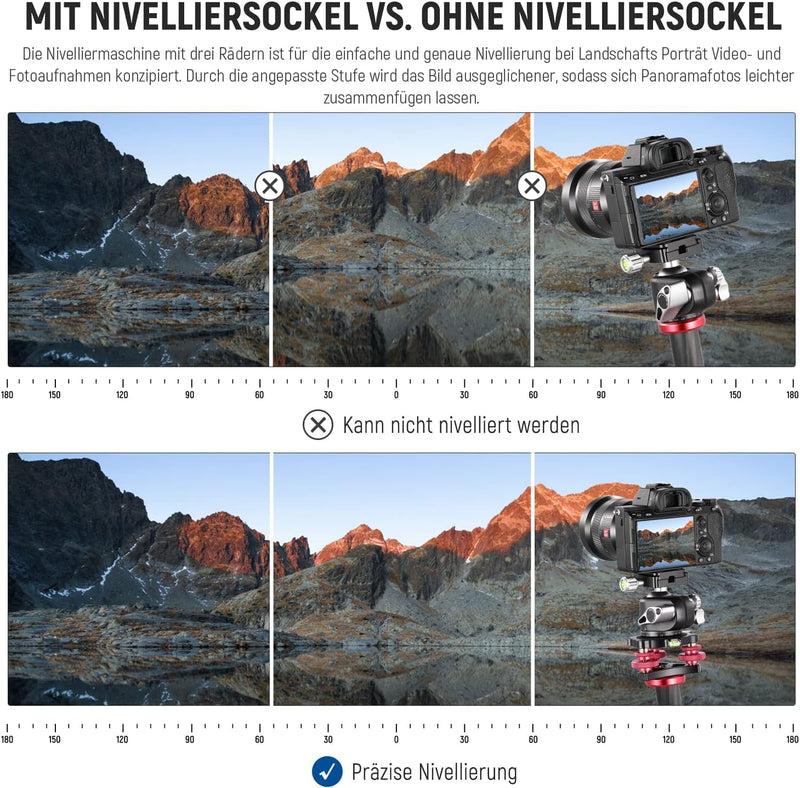 NEEWER Stativkopf Nivelliersockel, Kamera Nivelliergerät, 3 Achsen Dreiradkopf aus Flugzeugaluminium