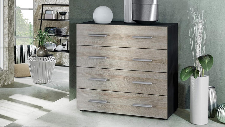 Vladon Sideboard Pavos, Kommode mit 4 Schubladen, Schwarz matt/Eiche sägerau (76 x 72 x 35 cm) L76cm