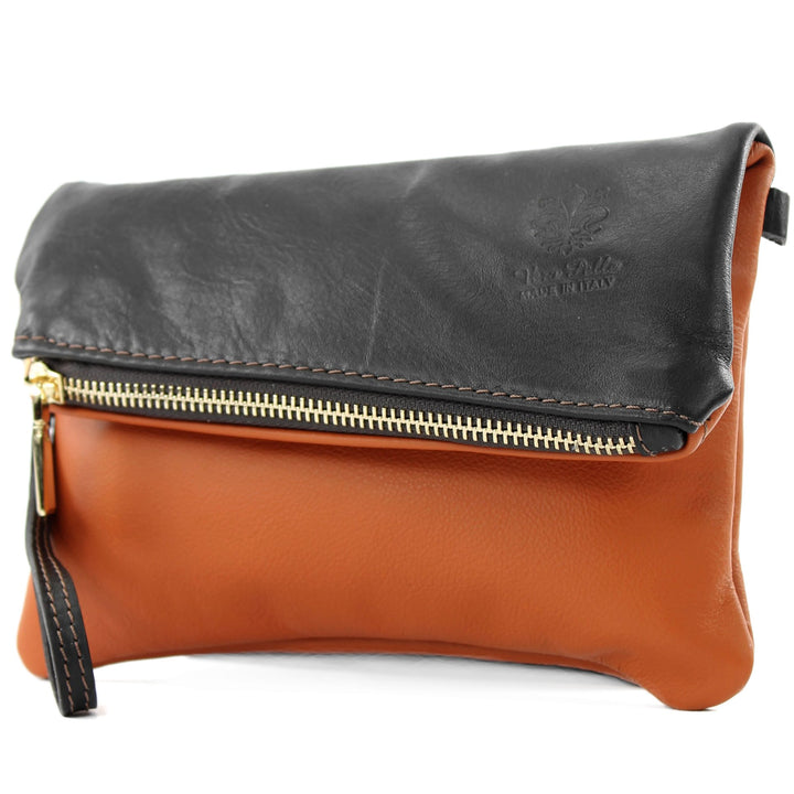 modamoda de - T95 - ital Umhängetasche aus Nappaleder Mini Camel/Dunkelbraun, Camel/Dunkelbraun