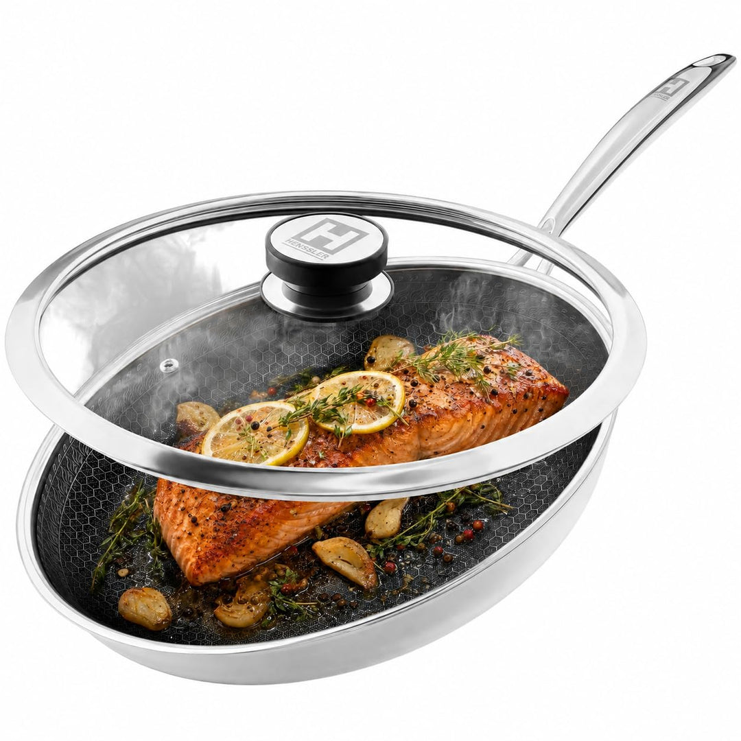 HENSSLERS® Profi Bratpfanne 28 cm [MIT GLASDECKEL] - Antihaftbeschichtung (mit Deckel) Pfanne mit De