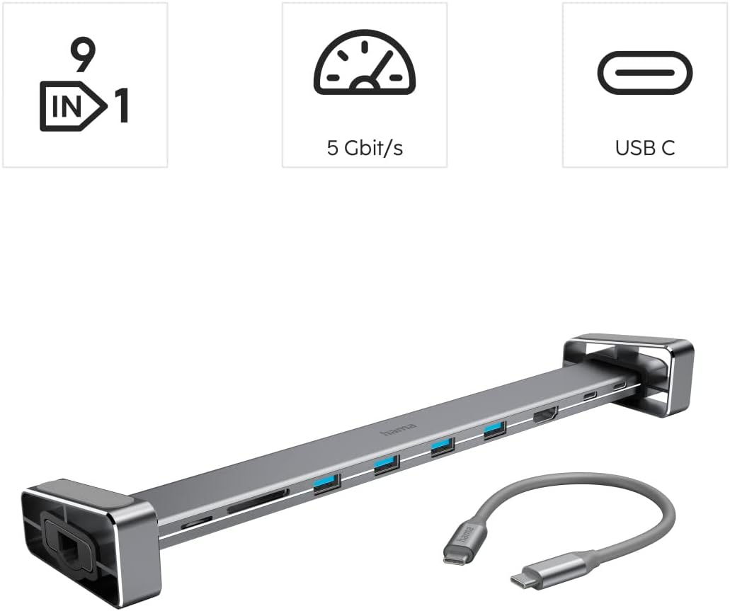 Hama USB C Hub 9 Ports Dockingstation mit abnehmbaren Standfüssen (Multiport Adapter 1x HDMI 4K, 4x
