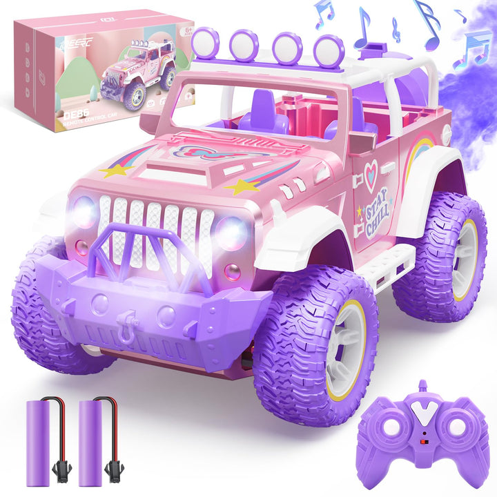 DEERC Pink Ferngesteuertes Auto für Mädchen mit Nebel und Musik, 1:16 RC Auto mit LED-Lichtern für K