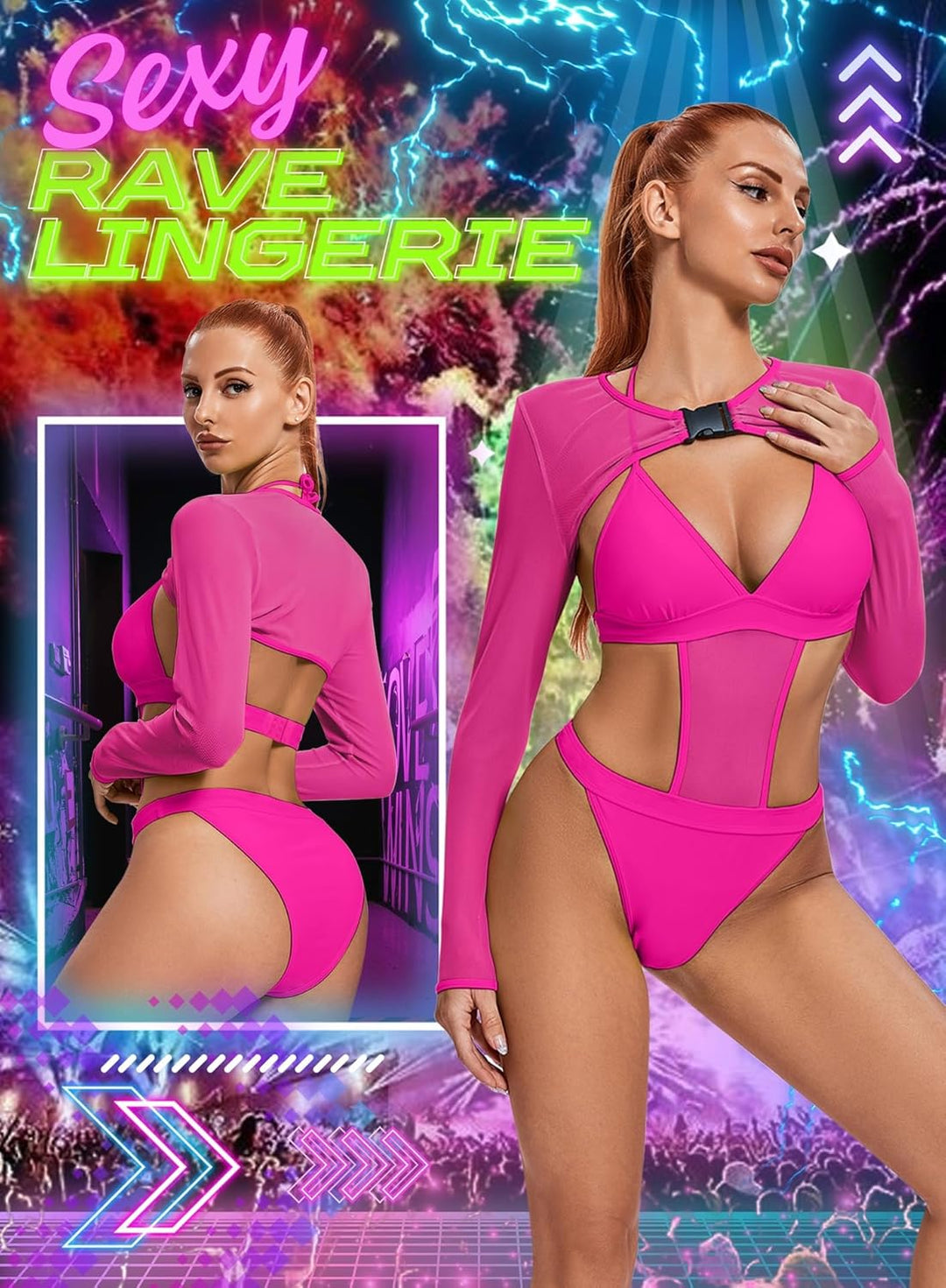 Rave Outfits Für Damen - Festival Outfit Sexy Neon Bauchweg One Piece Badeanzug Shapewear Mesh Jumps